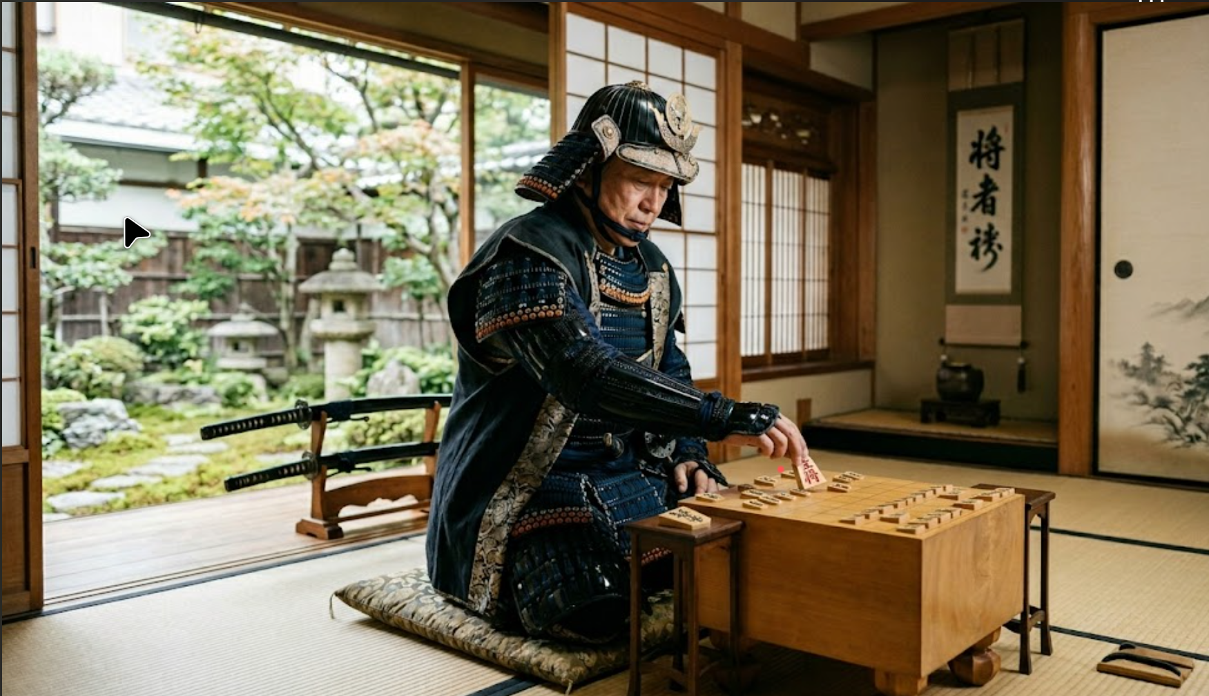 Samurai în armură jucând Shogi într-o cameră tradițională japoneză